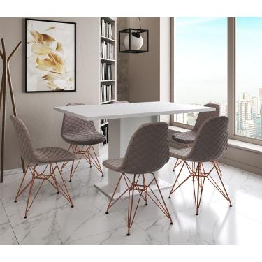 Imagem de Mesa Jantar Londres Retangular Branca 137X90 6 Cadeiras Estofadas Nude Médio Base Cobre