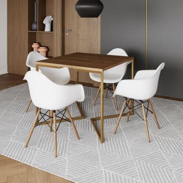 Imagem de Mesa Jantar Industrial Quadrada 90Cm Amêndoa Base V Dourada C/4 Poltronas Daw Madeira C...