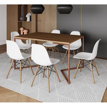 Imagem de Mesa Jantar Industrial Retangular Amêndoa 137X90Cm Base V Cobre C/6 Cadeiras Brancas Cor: Amendoa