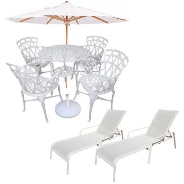 Imagem de Conjunto Com Mesa Ripada + 4 Cadeiras De Jardim E Piscina + Ombrelone Com Base Branco
