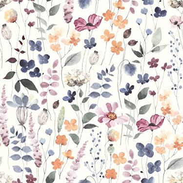 Imagem de MAGAFA Papel de parede floral, vintage, folhas multicoloridas, papel de parede floral, descascar e colar, papel de contato floral, removível, pré-colado, para paredes, armários, prateleiras, gavetas,