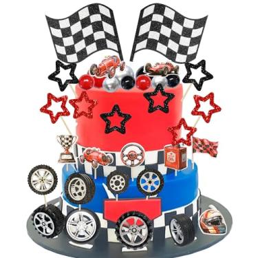Imagem de Gyufise 41Pcs Racing Wheel Cake Topper Star Foam Ball Flag Tyre Cake Decorations for Man Boy Kid Birthday Party Racing Theme Party Race Car Party Favor Supplies Red