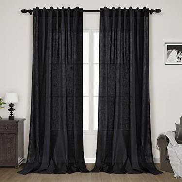 Imagem de Cortinas de linho preto 306 cm de comprimento, conjunto de 2 painéis para sala de estar, cortina traseira extralonga com aba traseira, filtro de luz neutro, cortinas de linho semitransparentes do teto