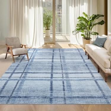 Imagem de GarveeHome Tapete de área azul lavável para sala de estar, 20 x 25 cm geométrico moderno grande antiderrapante para quarto, tapetes contemporâneos ultrafinos de pilha baixa para sala de jantar, capa