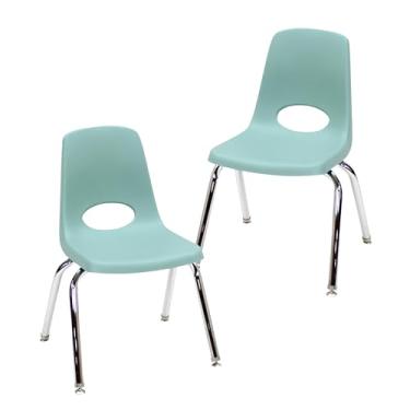 Imagem de Cadeira escolar empilhável de 35,5 cm, assento de estudante empilhável com pernas de aço cromado e deslizadores giratórios; para sala de aula, escola em casa ou espaço de aprendizagem - Seafoam