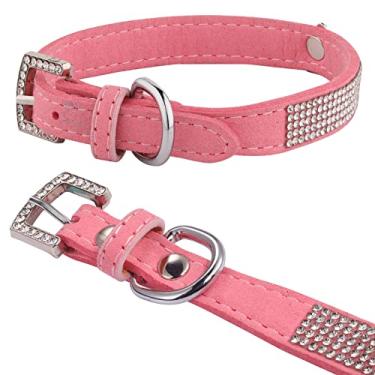 Imagem de AOKSI Dog Cat Collar,Luxury Sparkly Silver Buckle and Bling Diamond with Rhinestone Crown Decoration Velvet Leather Collars for Small Dog Medium Cat Puppies (XS, Pink)