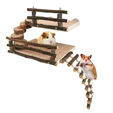 Imagem de Brinquedos de escalada de hamster de madeira natural de dois níveis para hamster (fixo com 4 parafusos), plataforma de atividades para brincar de hamster, brinquedos de mastigar madeira de maçã para