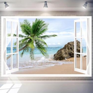 Imagem de Pano de fundo com tema tropical, 2,1 x 1,5 m, fundo havaiano, praia, janela, janela, palmeira, palmeira, adereços para fotografia, adereços, faixa de festa, material de poliéster