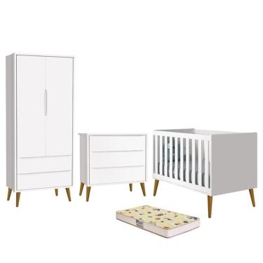 Imagem de Dormitório Infantil Theo Retrô 2 Portas, Cômoda, Berço com Pés Amadeirado e Colchão D18 - Reller Móveis Branco Fosco
