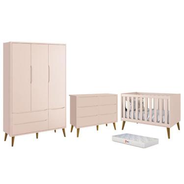 Imagem de Dormitório Completo Infantil Theo 3 Portas, Cômoda 6 Gavetas, Berço com Pés Amadeirado e Colchão D18 - Reller Móveis Rosa Fosco