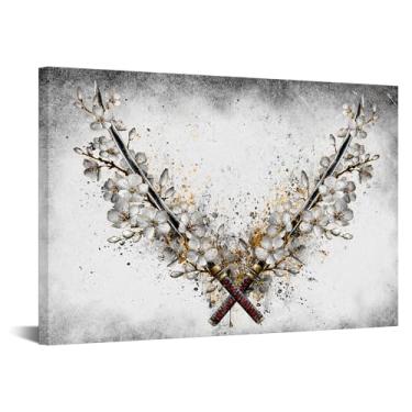 Imagem de KREATIVE ARTS Arte de parede em tela com espada samurai cinza e dourada Sakura tradicional japonesa inspirada no samurai zen, pintura japonesa, impressão giclée, arte vintage para escritório em casa