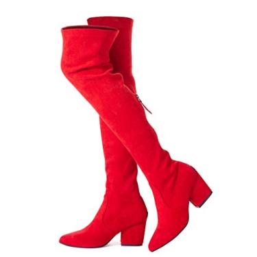 Imagem de N.N.G Botas femininas acima do joelho cano alto camurça bloco inverno baixo acima plano longo OTK conforto bico fino, Vermelho, 6