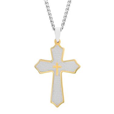 Imagem de Colar de cruz de aço inoxidável masculino em tom de ouro amarelo espanhol com pingente de crucifixo de oração do Senhor