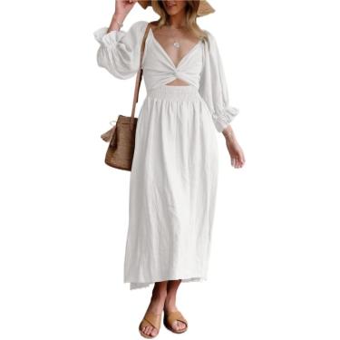 Imagem de Mulheres Vestido Casual Outono Cintura Alta Decote Quadrado Vestidos Longos Franzido 3/4 Mangas Praia Feriado, White, M
