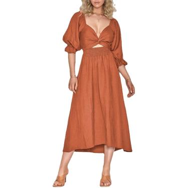 Imagem de Mulheres Vestido Casual Outono Cintura Alta Decote Quadrado Vestidos Longos Franzido 3/4 Mangas Praia Feriado, Red, L