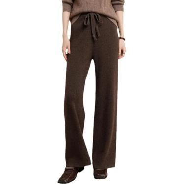 Imagem de 2023 Calças De Malha De Cintura Femininas Outono Inverno Calças De Caxemira Quente, Calças Retas Casuais Com Cós Elástico, Calças De Rua Elegantes Femininas De Perna Larga, Brown, S