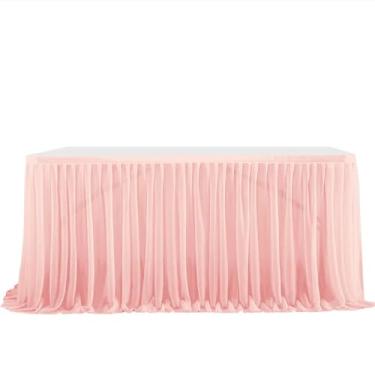 Imagem de Saia de mesa de festa opcional de 6/9 pés, toalha de mesa plissada para aniversário, capa de toalha de mesa de sobremesa, decoração festiva para casamento, chá de bebê, rosa água, 9 pés 77 x 275 cm