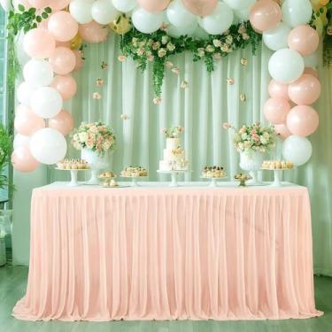 Imagem de Saia de mesa de tule branco, retangular, redonda, toalhas de mesa semitransparentes com babados para decoração de casamento, chá de panela, festa de aniversário, rosa pastel, 6 pés (C 1,83 m, A 0,75