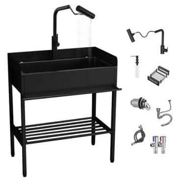 Imagem de Pia utilitária de aço inoxidável, pia externa independente com torneira de água fria e quente, kit de drenagem e mangueiras, pias de tigela única de cozinha comercial, para lavanderia, banheiros