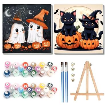 Imagem de cviokrdu Kit de pintura por números para crianças com moldura - cavalete de madeira, pintura de Halloween por números para crianças de 4 8 a 12 anos, kits de pintura a óleo acrílica fácil de Halloween