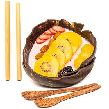 Imagem de Rainforest Bowls Conjunto de 2 tigelas de coco de folha jumbo, 2 colheres de madeira e 2 canudos de bambu reutilizáveis - 100% natural, esculpido à mão por artesãos, ecologicamente corretos e