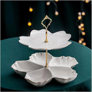 Imagem de Suporte Para Bolo Prato De Sobremesa De Cerâmica De Moda Prato De Sobremesa Duplo Mesa De Bolo Suporte De Frutas De Doces De Pastelaria Multicamadas Para Festa De Aniversário De Casamento, A
