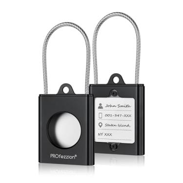 Imagem de PROfezzion Suporte de metal para AirTag, capa segura AirTag com chaveiros, cabo de fio de metal e etiquetas de nome, capa rígida de alumínio para bagagem, mala, mochila, chaveiro - Preto