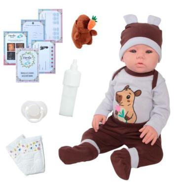 Imagem de Bebê Reborn Careca com Mamadeira e Fraldas Temática Capivara - Cegonha