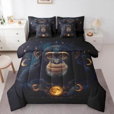 Imagem de Erosebridal Jogo de cama de casal de chimpanzé, 7 peças, boêmio, sol e lua, galáxia, animais da floresta, macaco, exótico, chimpanzé, boêmio