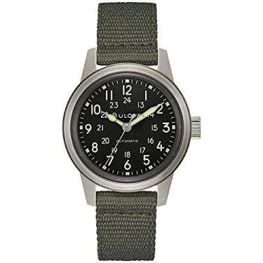 Imagem de Bulova Relógio masculino Military Heritage Hack Veteran's Watchmaking Initiative em aço inoxidável com 3 ponteiros automáticos, pulseira de couro preta NATO Estilo: 96A259, Verde, Relógio Automático