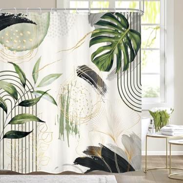 Imagem de Mitpok Cortina de chuveiro boho verde cinza 72Lx72H folhas de palmeira tropicais abstratas modernas boêmia minimalista folha dourada planta de meados do século decoração de banheiro cortina de banho
