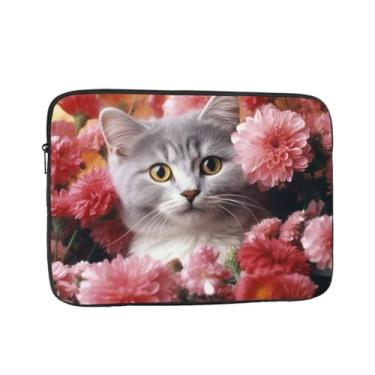 Imagem de Capa protetora para notebook gato em flores de 15 polegadas à prova de choque resistente à água bolsa para laptop bolsa de transporte para computador pasta portátil para homens e mulheres