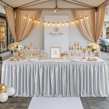 Imagem de Wish Care Saia de mesa de cetim prata de 4,3 m para mesas retangulares, sem rugas, purpurina, toalha de mesa plissada, para casamento, aniversário, chá de bebê, festa, banquete, buffet, bolo