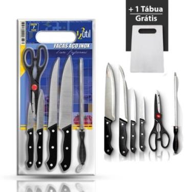 Imagem de Kit Churrasco Faca Inox Chaira Tesoura Tabua 7pçs - Preto - 123