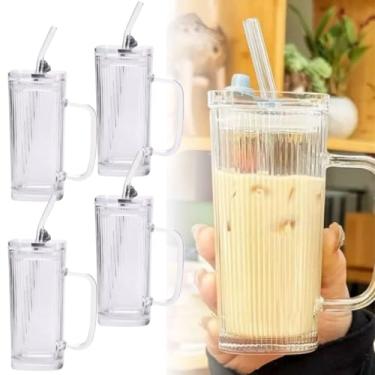 Imagem de Conjunto 4 Copos Com Canudo Tampa Alça Suco Vedação Silicone Vidro Canelado Frizado 250ml Grafiato Reutilizáveis Café Gelado Ideal Cerveja Uísque Presente Copo