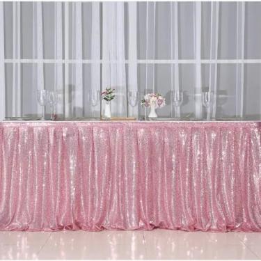 Imagem de Saia de mesa longa com lantejoulas em tom blush, saia de poliéster para decoração de festas e eventos de casamento, rosa, 3 metros, 3 m de comprimento