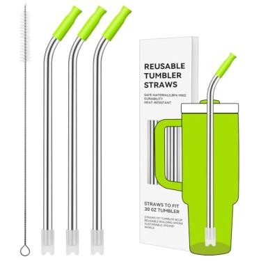 Imagem de Prurex Canudos reutilizáveis de aço inoxidável com ponta de silicone para Stanley 850 g, canudos de metal para copo de 850 g, 3 tubos dobrados e 6 pontas e 1 escova de limpeza (lima brilhante)