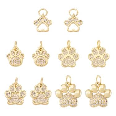Imagem de KISSITTY 10 peças de pingentes de pata de cachorro de zircônia cúbica a granel banhado a ouro 18 K fofo com pingente de animal com estampa de pata de strass dourado com anel de salto para fabricação