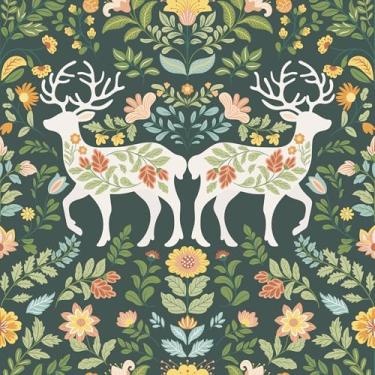 Imagem de VaryStyle Papel de parede floral vintage de veado descasque e cole verde escuro papel de parede florestal folclórico escandinavo para quarto vinil removível papel de contato floral verde para armários