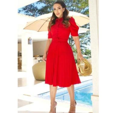 Imagem de Vestido mídi saia Plissada crepe de malha com elasticidade gola polo c