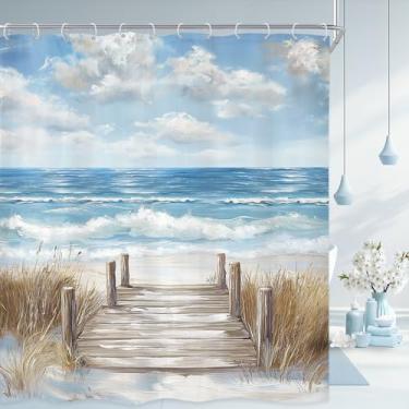 Imagem de Riyidecor Cortina de chuveiro de praia extralonga 182 cm L x 192 cm A azul-petróleo oceano litoral Havaí pintura a óleo céu verão natureza paisagem moderna cenário decoração banheiro tecido poliéster