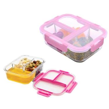 Imagem de Pote Vidro Hermético 3 Divisórias Tampa Lock Marmita 1040ml - MUNDIART