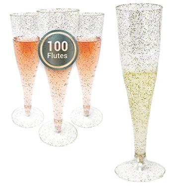 Imagem de Reli. (100 Bulk Pack Gold Glitter Plastic Champagne Flutes 4.5 Oz | Clear Plastic Champagne Glasses/Flutes | Disposable, BPA-Free, Shatterproof | Perfect for Mimosa, Cocktail, Wedding, Party Toasting