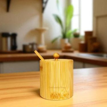 Imagem de Saleiro Açucareiro de Bambu 160 gramas Porta Temperos Colher Inclusa