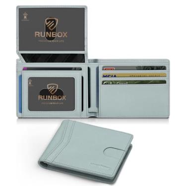 Imagem de RUNBOX Carteira masculina fina de couro RFID 2 porta-documentos com caixa de presente, Azul-celeste claro