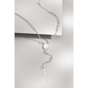 Imagem de Colar Terço Feminino Bolinha Prata 990 Banhada Pingente Cruz Católico 