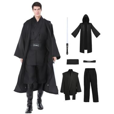 Imagem de KUGVDI Fantasia de Cavaleiro de Halloween para Homens, Túnica com Capuz, Conjunto Completo com Sabre de Luz, Roupas de Cosplay de Halloween (Preto, M)