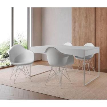 Imagem de Mesa Jantar Industrial Branca 137X90Cm Com 4 Poltronas Brancas Base Fe
