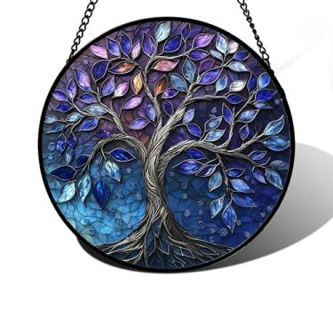 Imagem de DASTOLL Pendurado em vitrais, árvore da vida azul e roxa, apanhadores de sol, painel de vidro colorido, decoração de aniversário para mulheres, homens, esposa, amantes e mãe, 19,8 cm