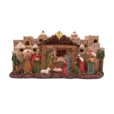 Imagem de Wowser Estatueta de presépio de resina iluminada elétrica, decoração religiosa de mesa, presépio festivo de Natal, 30,5 cm de comprimento